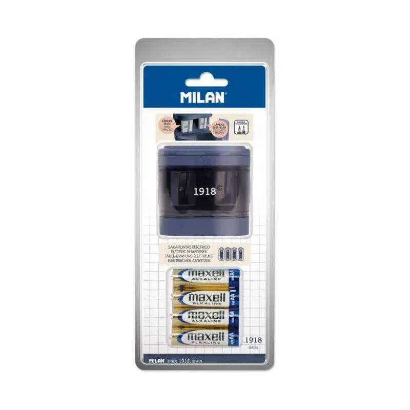 Milan 1918 Serie Sacapuntas Electrico Doble Estandar y Maxi - Cuchilla de Acero al Carbono con Seguridad - Gran Deposito - Pilas