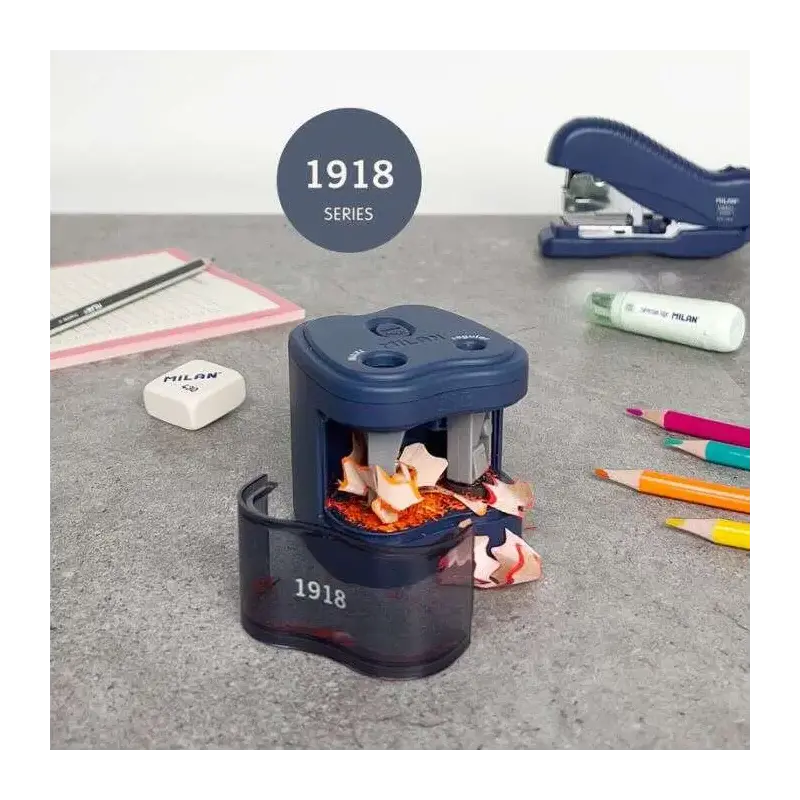 Milan 1918 Serie Sacapuntas Electrico Doble Estandar y Maxi - Cuchilla de Acero al Carbono con Seguridad - Gran Deposito - Pilas