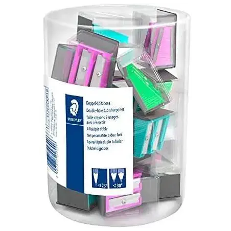 Staedtler Expositor con 18 Sacapuntas de Plastico - 2 Agujeros - Angulo de Afilado 23° y 30° - Colores Surtidos | Ahorro Imprimi
