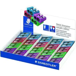 Staedtler Expositor de 20 Sacapuntas Metalicos con Cuchilla de Metal y 2 Orificios - Angulo de Afilado de 23° y 30º - Colores Su