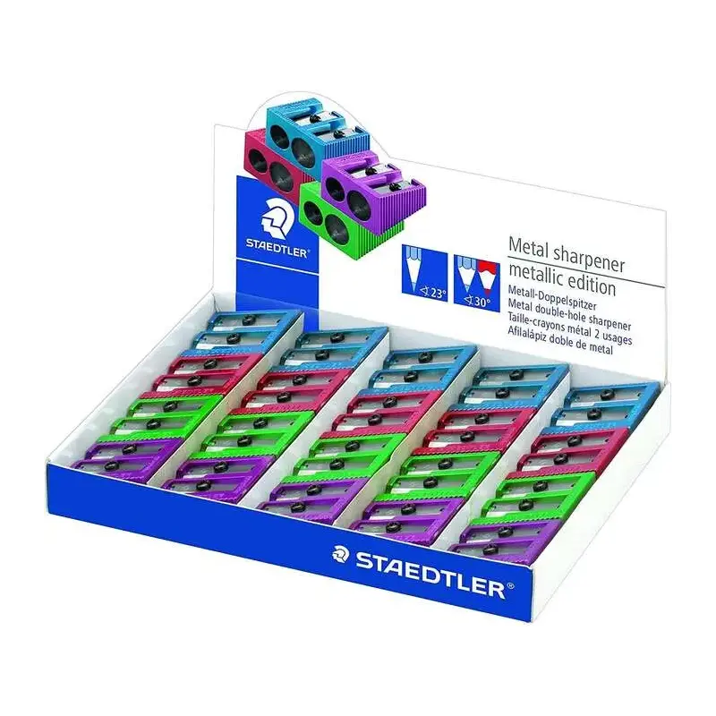 Staedtler Expositor de 20 Sacapuntas Metalicos con Cuchilla de Metal y 2 Orificios - Angulo de Afilado de 23° y 30º - Colores Su