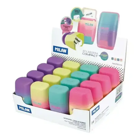 Milan Compact Sunset Expositor de 16 Afilaborras - Uso Estandar y Maxi - Cuchilla de Acero - Goma de Borrar - Cuchilla de Seguri
