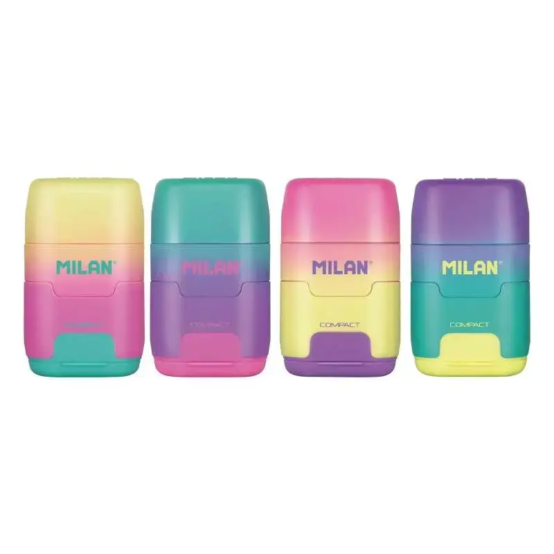 Milan Compact Sunset Expositor de 16 Afilaborras - Uso Estandar y Maxi - Cuchilla de Acero - Goma de Borrar - Cuchilla de Seguri