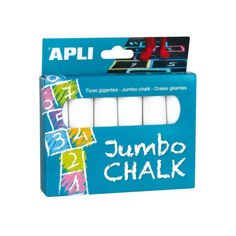 Apli Pack de 6 Tizas Redondas Jumbo - Tamaño Ø 25 x 105mm - Sulfato de Calcio Bajo en Residuo - Aptas para Uso Escolar - Color B