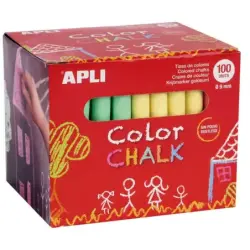 Apli Pack de 100 Tizas Redondas de Colores Surtidos Ø 9 x 80mm - Sin Polvo - Ideales para Escribir, Dibujar y Colorear en Pizarr