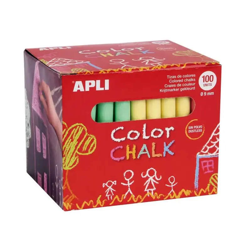 Apli Pack de 100 Tizas Redondas de Colores Surtidos Ø 9 x 80mm - Sin Polvo - Ideales para Escribir, Dibujar y Colorear en Pizarr