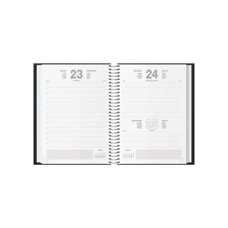 Dohe Segovia Agenda Anual Espiral en Catalan - Dia Pagina - Sabado y Domingo misma Pagina - Tamaño 14x20cm - Color Negro | Ahorr