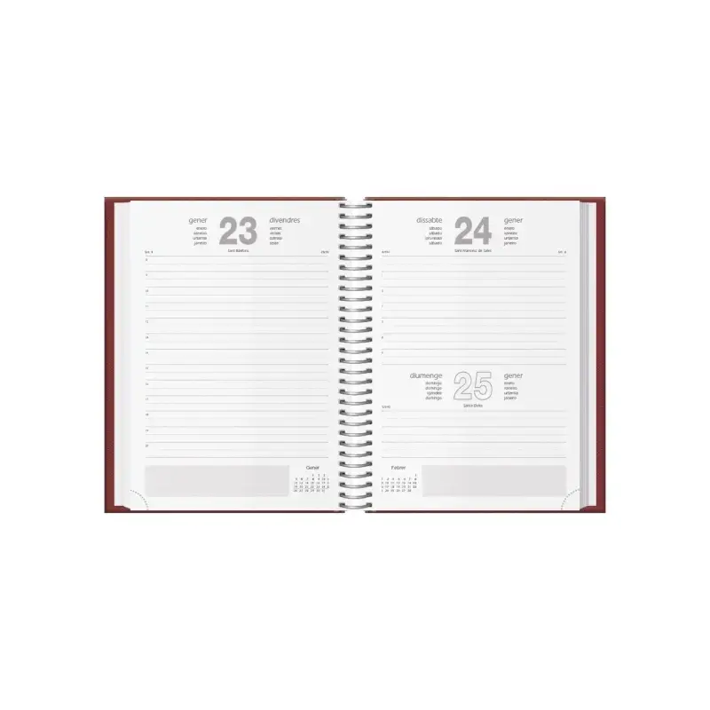 Dohe Segovia Agenda Anual Espiral en Catalan - Dia Pagina - Sabado y Domingo misma Pagina - Tamaño 14x20cm - Color Burdeos | Aho