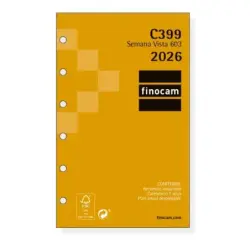 Finocam C399 Recambio para Agendas Classic - Anual 2026 - Hojas Microperforadas - Formato 603 - 79x6x127mm - Semana Vista Horizo