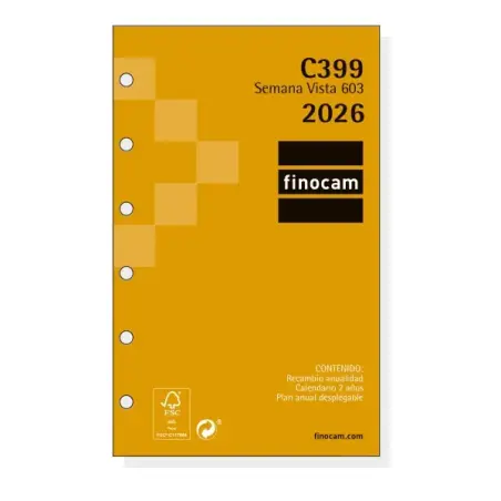 Finocam C399 Recambio para Agendas Classic - Anual 2026 - Hojas Microperforadas - Formato 603 - 79x6x127mm - Semana Vista Horizo