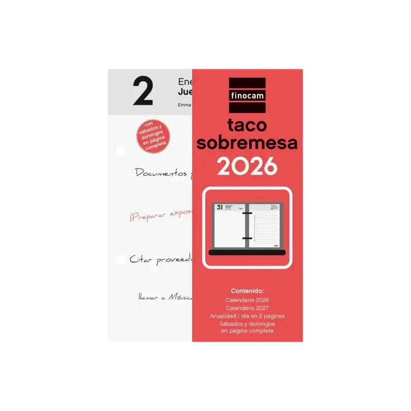Finocam Taco de Sobremesa - Anual 2026 - 85x35x120mm - Sobremesa - Color Blanco y Rojo | Ahorro Imprimiendo