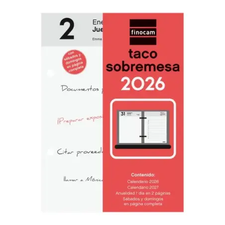 Finocam Taco de Sobremesa - Anual 2026 - 85x35x120mm - Sobremesa - Color Blanco y Rojo | Ahorro Imprimiendo