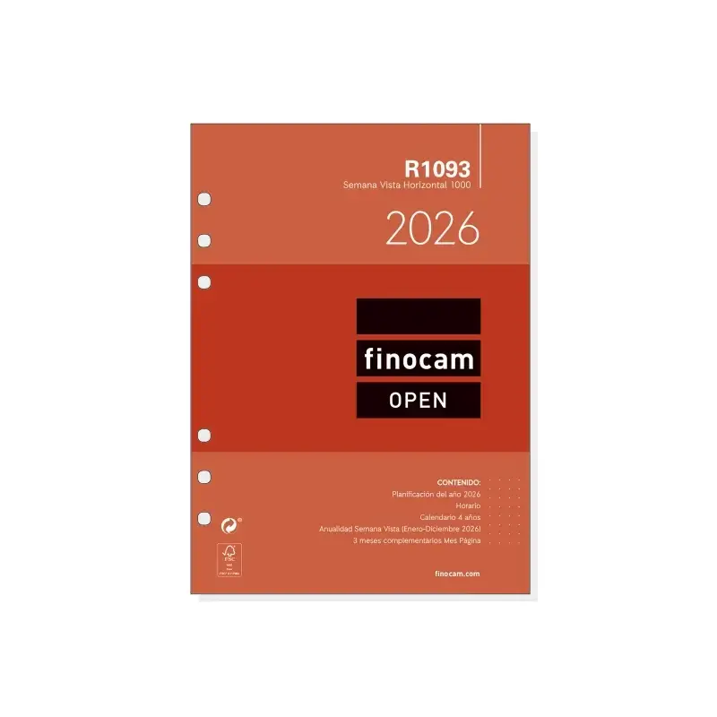 Finocam R1093 Recambio Anual 2026 para Agendas Open 2026 - Formato 1000 - 155x6x215mm - Semana Vista Horizontal - Color Blanco |