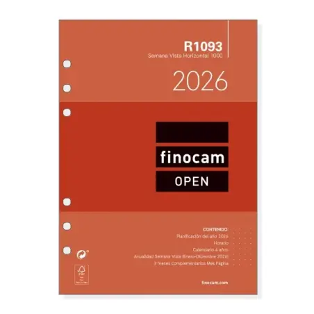 Finocam R1093 Recambio Anual 2026 para Agendas Open 2026 - Formato 1000 - 155x6x215mm - Semana Vista Horizontal - Color Blanco |