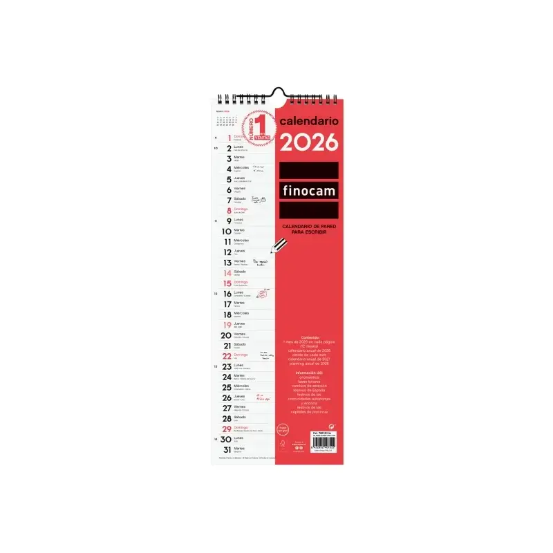 Finocam Calendario de Pared - Anual 2026 - 155x5x440mm - Espacio para Escribir - Color Blanco y Rojo | Ahorro Imprimiendo