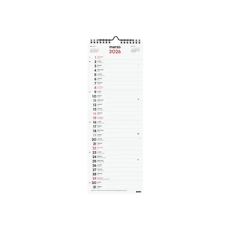 Finocam Calendario de Pared - Anual 2026 - 155x5x440mm - Espacio para Escribir - Color Blanco y Rojo | Ahorro Imprimiendo