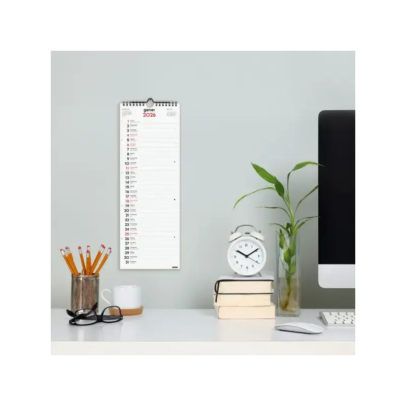 Finocam Calendario de Pared en Catalan - Anual 2026 - 155x5x440mm - Espacio para Escribir - Color Blanco y Rojo | Ahorro Imprimi