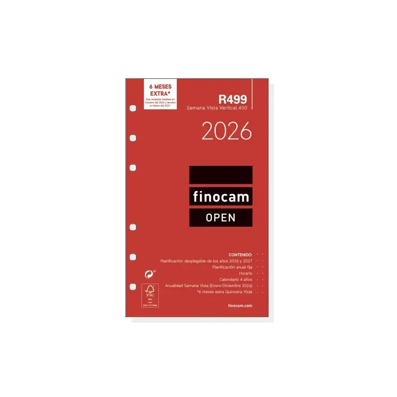 Finocam R499 Recambio Anual 2026 para Agendas Open 2026 - Formato 400 - 91x8x152mm - Semana Vista en Vertical - Color Blanco | A