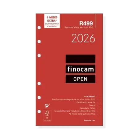 Finocam R499 Recambio Anual 2026 para Agendas Open 2026 - Formato 400 - 91x8x152mm - Semana Vista en Vertical - Color Blanco | A