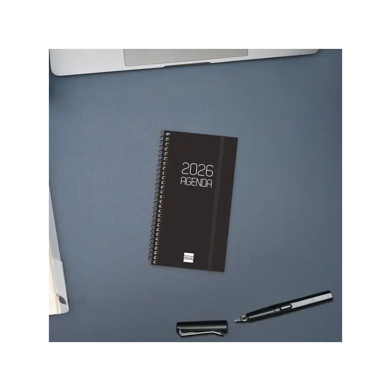 Finocam Opaque Agenda de Espiral - Anual 2026 - Tapa Ligera - Cierre con Goma Elastica - Formato E9 - 100x14x171mm - Semana Vist