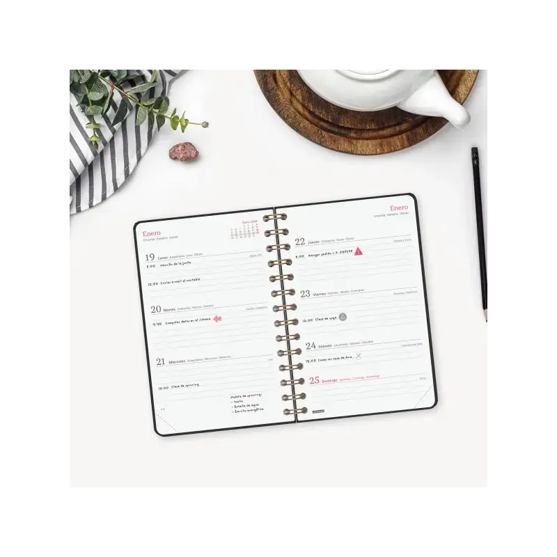 Finocam Alma Agenda - Anual 2026 - con Espiral - Formato E5 - 131x19x190mm - Semana Vista Horizontal - Color Negro | Ahorro Impr