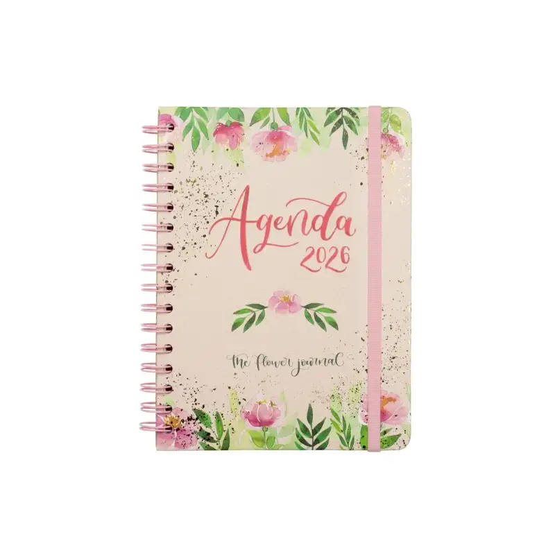 Finocam Flower Journal Agenda de Espiral - Anual 2026 - Tapa Dura - Cierre de Goma - Formato E10 - 155X212mm - Semana Vista Hori