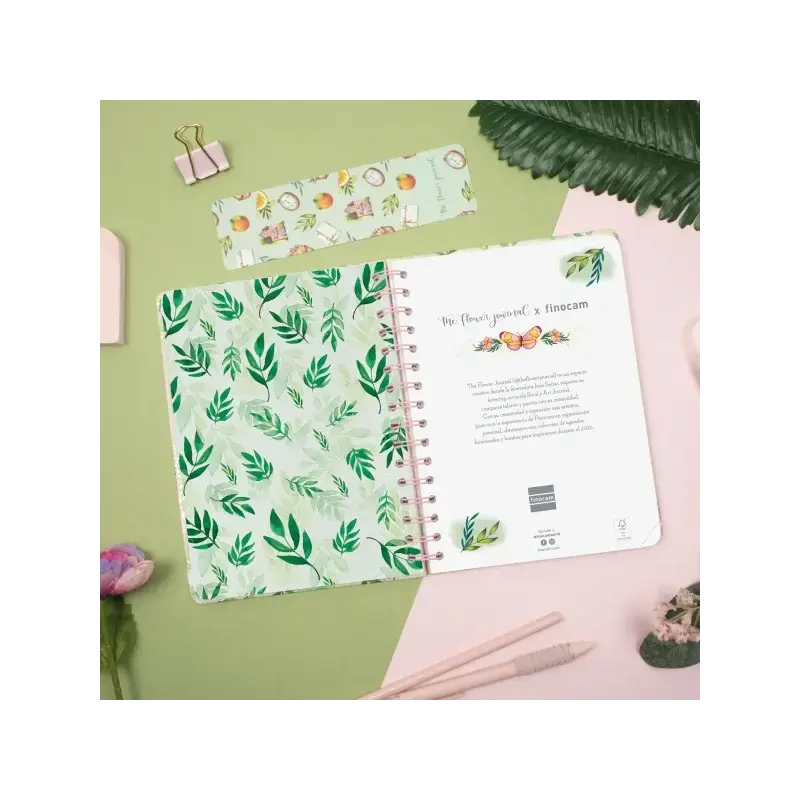 Finocam Flower Journal Agenda de Espiral - Anual 2026 - Tapa Dura - Cierre de Goma - Formato E10 - 155X212mm - Semana Vista Hori