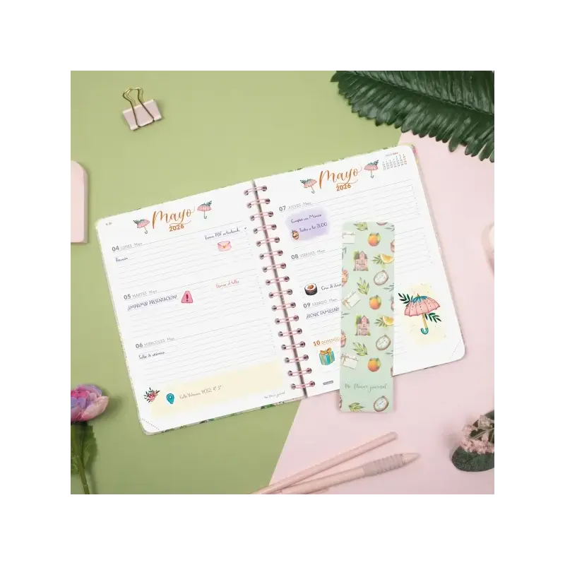 Finocam Flower Journal Agenda de Espiral - Anual 2026 - Tapa Dura - Cierre de Goma - Formato E10 - 155X212mm - Semana Vista Hori