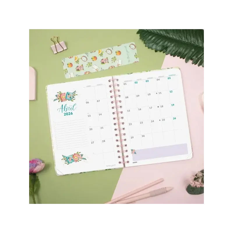 Finocam Flower Journal Agenda de Espiral - Anual 2026 - Tapa Dura - Cierre de Goma - Formato E10 - 155X212mm - Semana Vista Hori