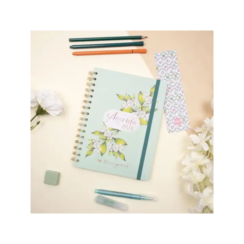 Finocam Flower Journal Agenda de Espiral - Anual 2026 - Tapa Dura - Cierre de Goma - Formato E10 - 155X212mm - Semana Vista Hori