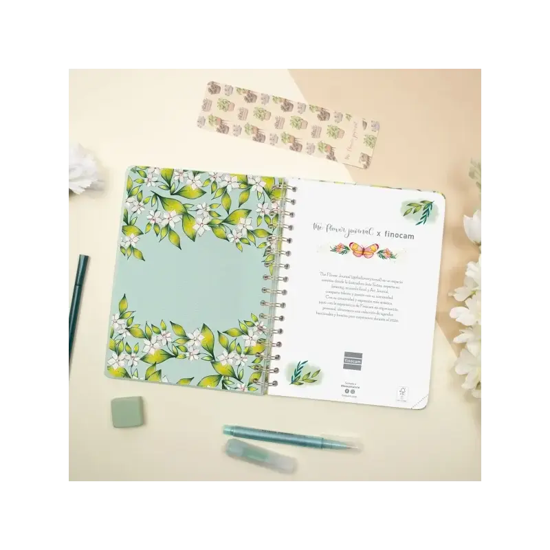 Finocam Flower Journal Agenda de Espiral - Anual 2026 - Tapa Dura - Cierre de Goma - Formato E10 - 155X212mm - Semana Vista Hori