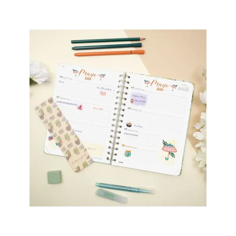 Finocam Flower Journal Agenda de Espiral - Anual 2026 - Tapa Dura - Cierre de Goma - Formato E10 - 155X212mm - Semana Vista Hori