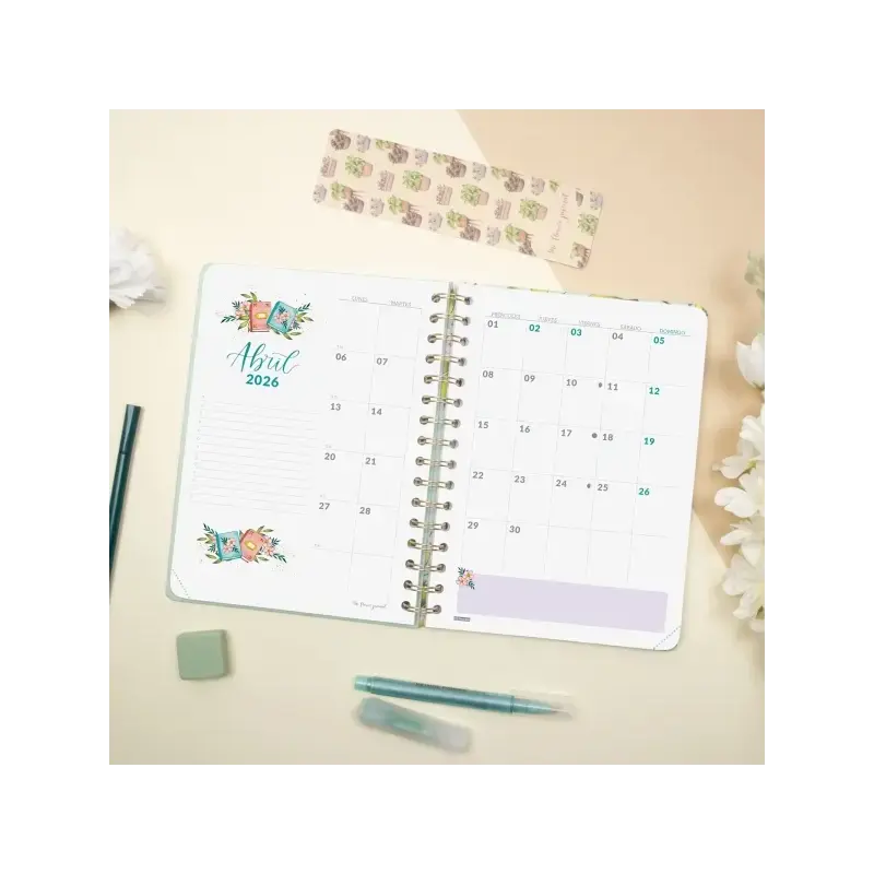 Finocam Flower Journal Agenda de Espiral - Anual 2026 - Tapa Dura - Cierre de Goma - Formato E10 - 155X212mm - Semana Vista Hori