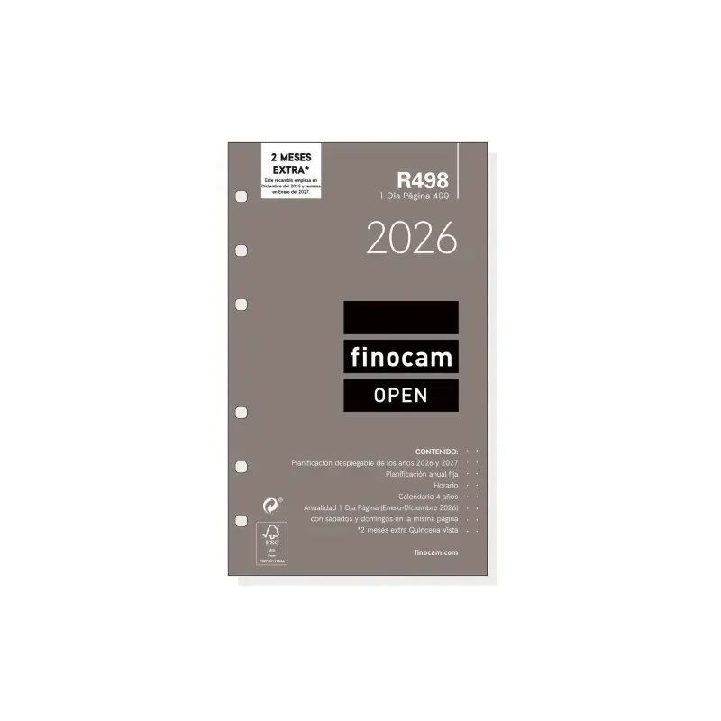 Finocam R498 Recambio Anual 2026 para Agendas Open 2026 - Formato 400 - 91x16x152mm - 1 Dia por Pagina - Color Blanco | Ahorro I