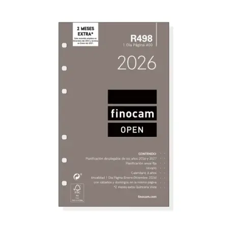Finocam R498 Recambio Anual 2026 para Agendas Open 2026 - Formato 400 - 91x16x152mm - 1 Dia por Pagina - Color Blanco | Ahorro I