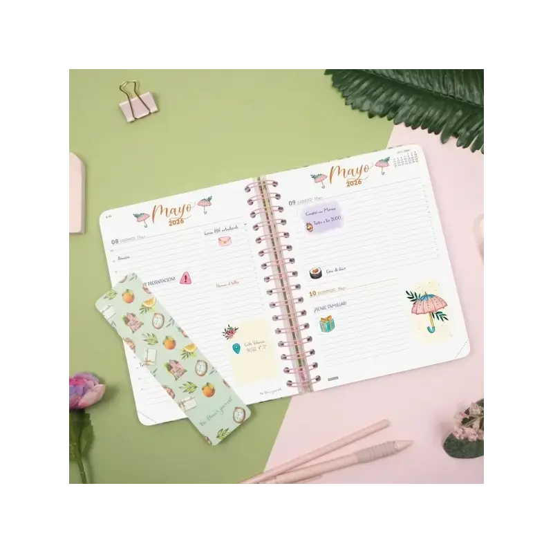 Finocam Flower Journal Agenda de Espiral - Anual 2026 - Tapa Dura - Cierre de Goma - Formato E10 - 155X212mm - 1 Dia por Pagina