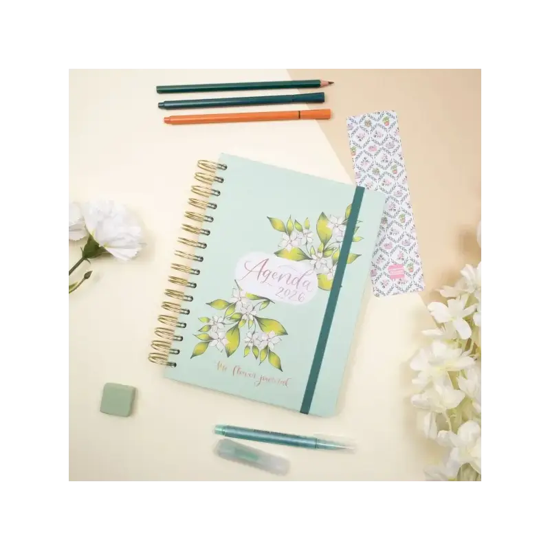 Finocam Flower Journal Agenda de Espiral - Anual 2026 - Tapa Dura - Cierre de Goma - Formato E10 - 155X212mm - 1 Dia por Pagina