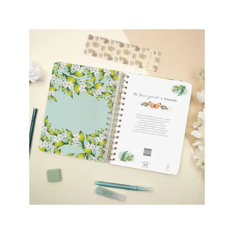 Finocam Flower Journal Agenda de Espiral - Anual 2026 - Tapa Dura - Cierre de Goma - Formato E10 - 155X212mm - 1 Dia por Pagina