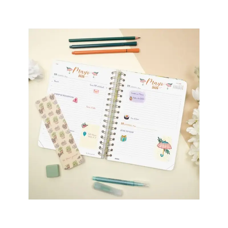 Finocam Flower Journal Agenda de Espiral - Anual 2026 - Tapa Dura - Cierre de Goma - Formato E10 - 155X212mm - 1 Dia por Pagina