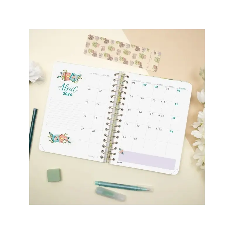 Finocam Flower Journal Agenda de Espiral - Anual 2026 - Tapa Dura - Cierre de Goma - Formato E10 - 155X212mm - 1 Dia por Pagina