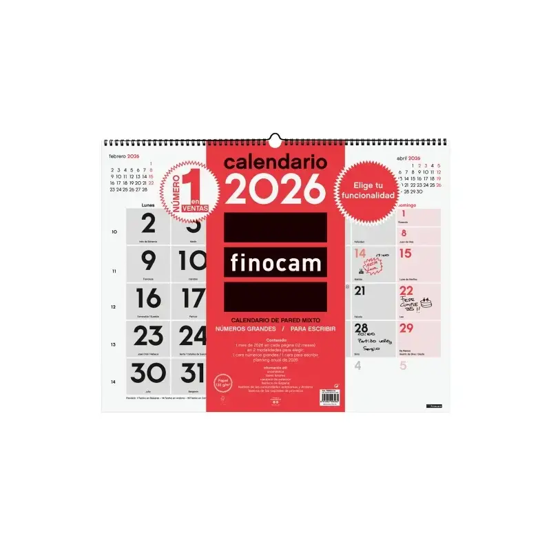 Finocam Calendario de Pared - Anual 2026 - Espacio para Escribir - Formato XL - 540x5x430mm - Numeros Grandes - Color Blanco y R
