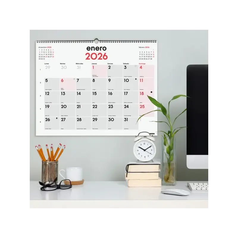 Finocam Calendario de Pared - Anual 2026 - Espacio para Escribir - Formato XL - 540x5x430mm - Numeros Grandes - Color Blanco y R
