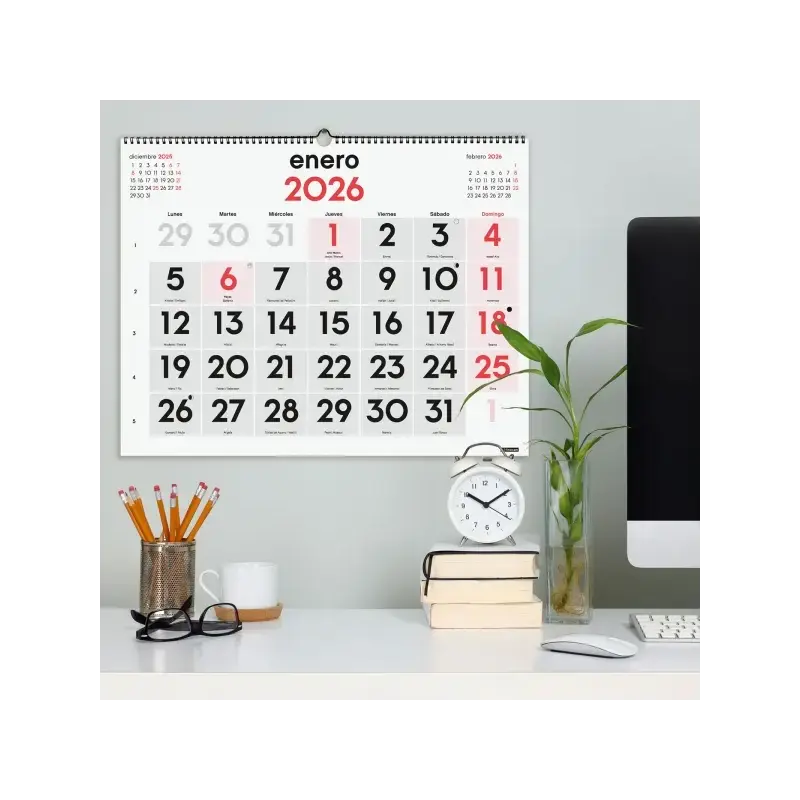 Finocam Calendario de Pared - Anual 2026 - Espacio para Escribir - Formato XL - 540x5x430mm - Numeros Grandes - Color Blanco y R