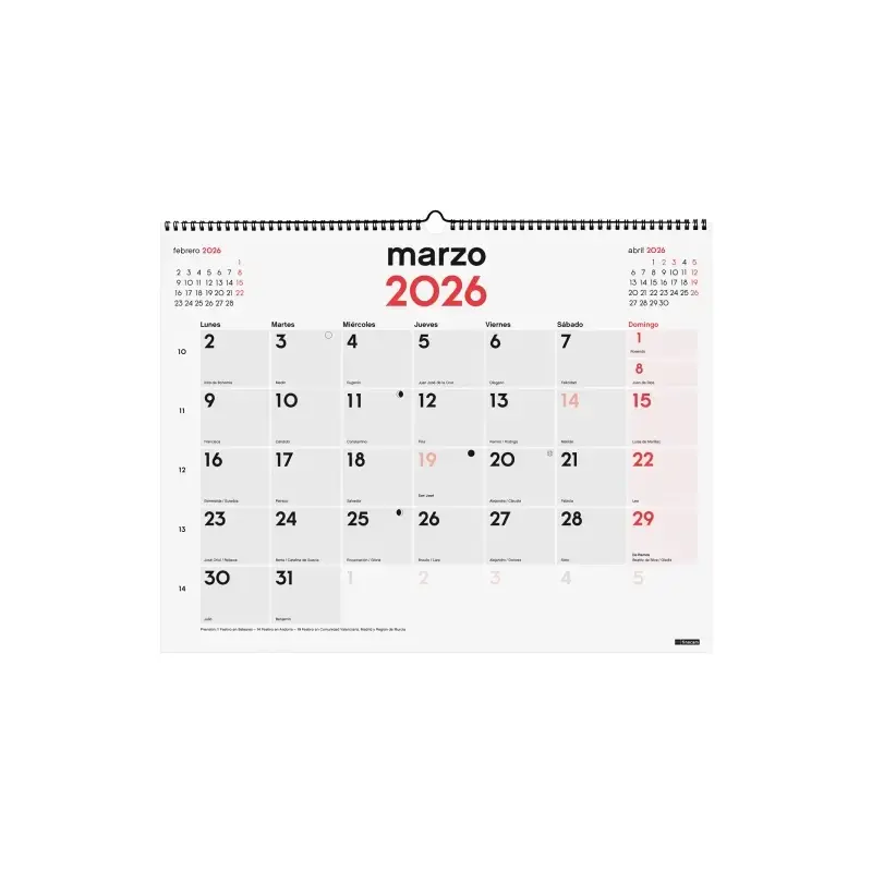 Finocam Calendario de Pared - Anual 2026 - Espacio para Escribir - Formato XL - 540x5x430mm - Numeros Grandes - Color Blanco y R