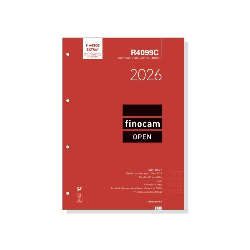 Finocam R4099C Recambio Anual 2026 para Agendas Open 2026 en Catalan - Formato A4 - 210x6x297mm - Semana Vista en Vertical - Col