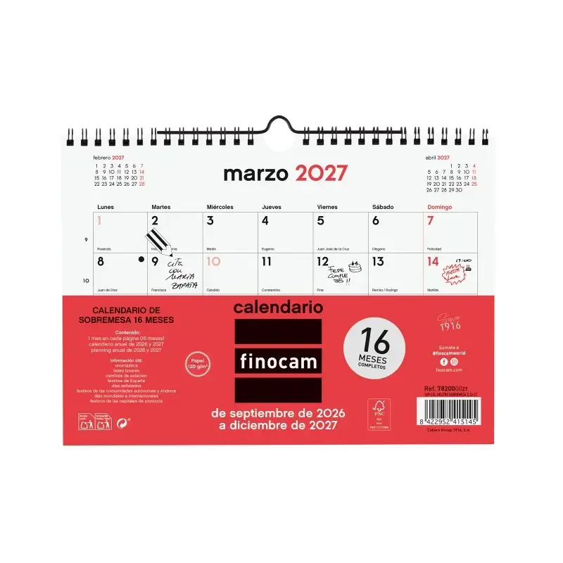 Finocam Neutro Calendario de Pared - 16 Meses - Mes Vista - Formato S - 210x150mm - Espiral Doble Metalica - Papel de 120g/m2 -