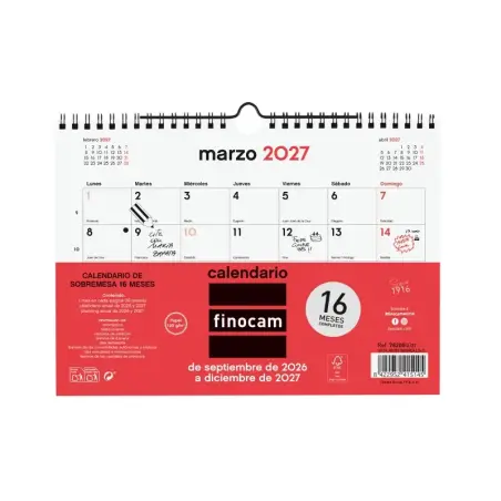 Finocam Neutro Calendario de Pared - 16 Meses - Mes Vista - Formato S - 210x150mm - Espiral Doble Metalica - Papel de 120g/m2 -