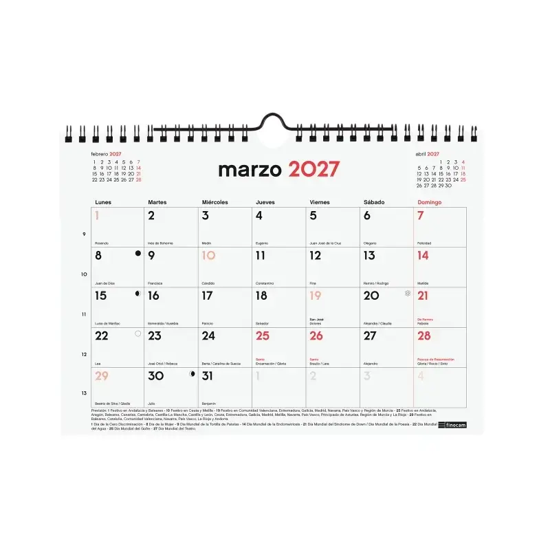 Finocam Neutro Calendario de Pared - 16 Meses - Mes Vista - Formato S - 210x150mm - Espiral Doble Metalica - Papel de 120g/m2 -