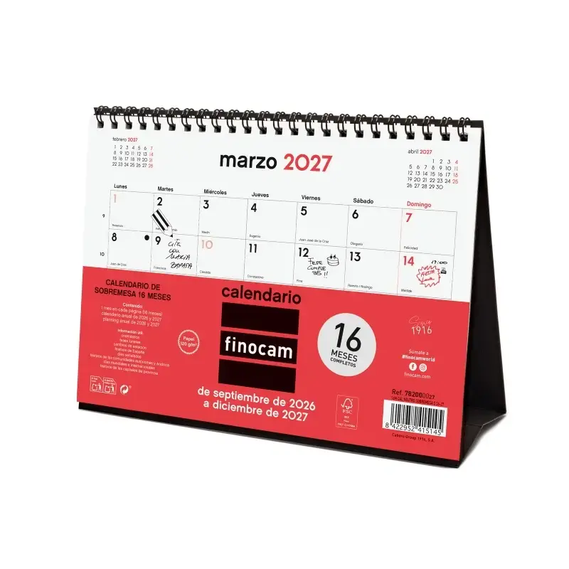 Finocam Neutro Calendario de Sobremesa - 16 Meses - Mes Vista - Formato S - 210x150mm - Espiral Doble Metalica - Papel de 120g/m
