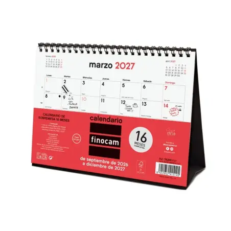 Finocam Neutro Calendario de Sobremesa - 16 Meses - Mes Vista - Formato S - 210x150mm - Espiral Doble Metalica - Papel de 120g/m